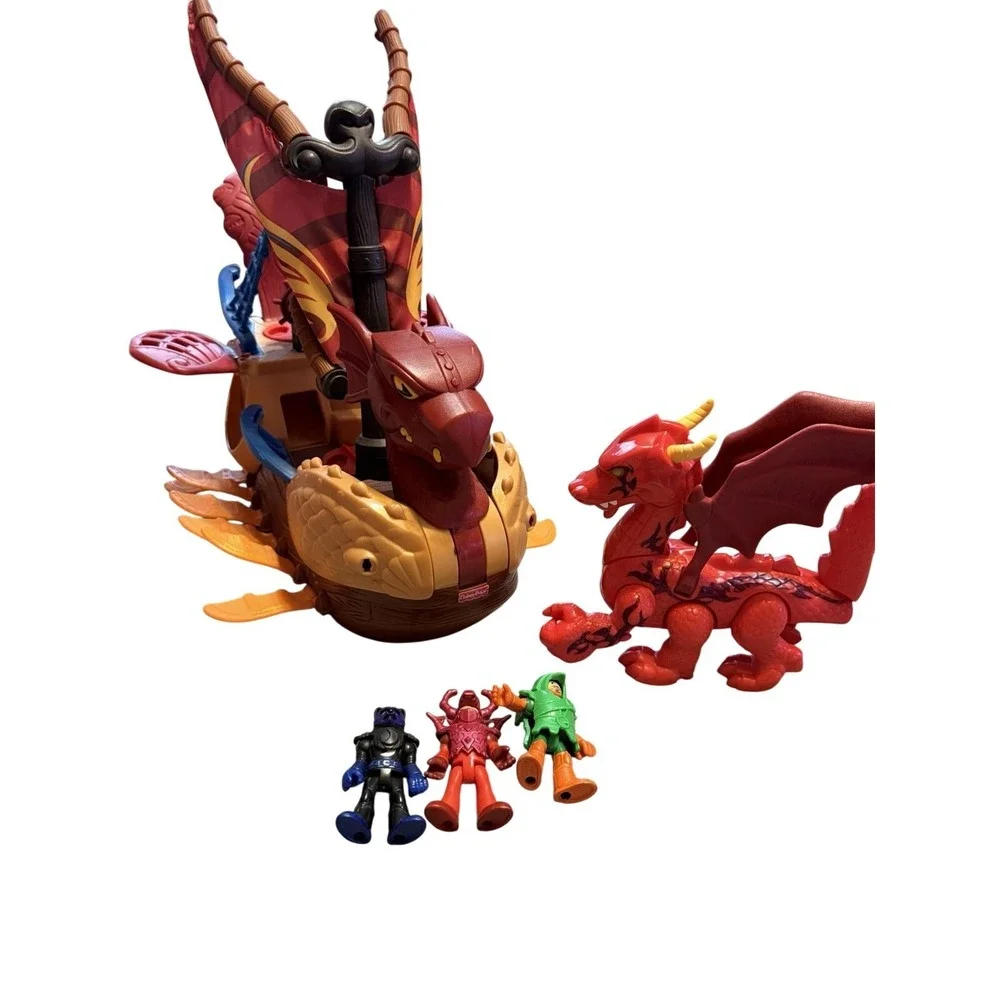 Fisher Price Imaginext Dragon Pirate Ship Boat + Red Dragon & Figures Lot‎
